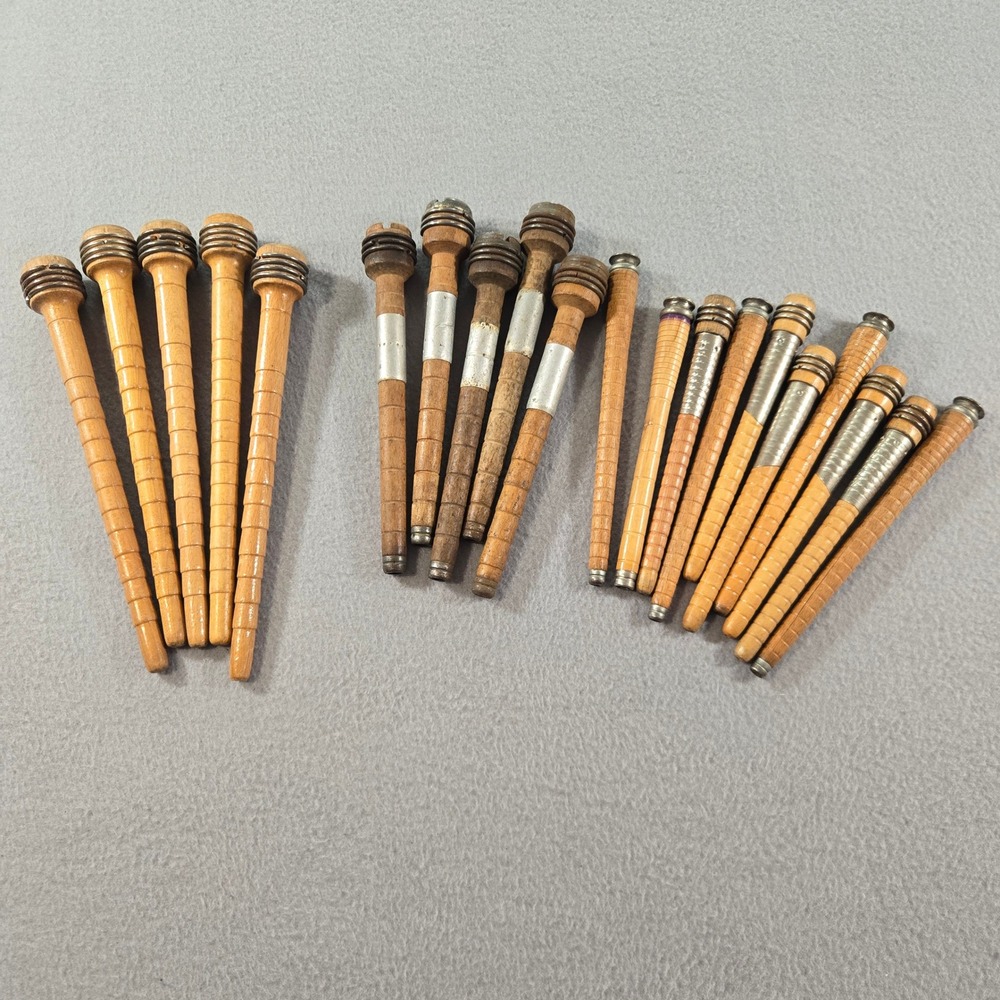 Vintage Industrial Wood Textile Bobbins Spools Lot 21 Brown Mixed Sizes Metal